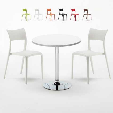 Table ronde blanche 70x70 et 2 chaises colorées bar café Parisienne Long Island