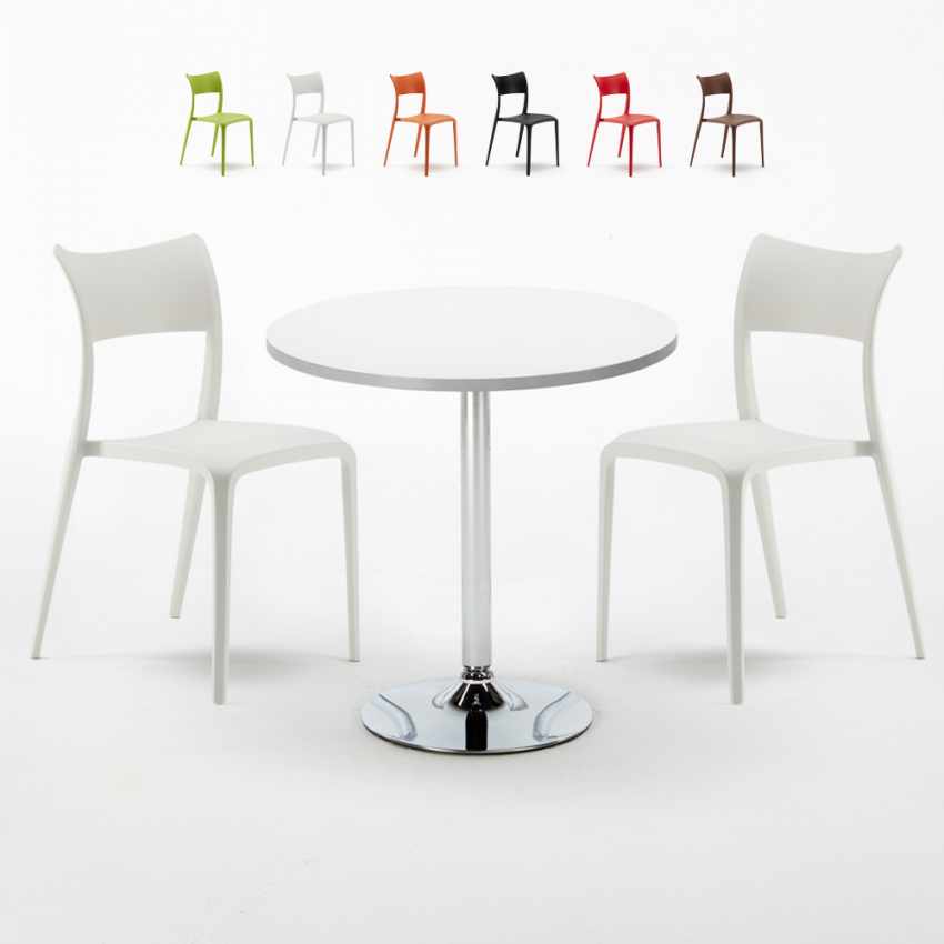 Table Ronde Blanche 70x70cm Avec 2 Chaises Colorées Set Intérieur Bar Café Parisienne Long Island