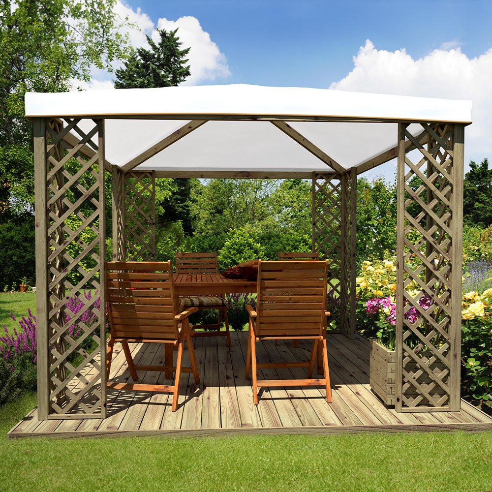 Tonnelle de jardin en bois 3x3m toile blanche PVC anti-UV Fox JT40 Pocket