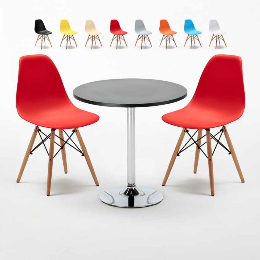 Table Ronde Noire 70x70cm Avec 2 Chaises Colorées Set Intérieur Bar Café Wooden Eiffel Cosmopolitan