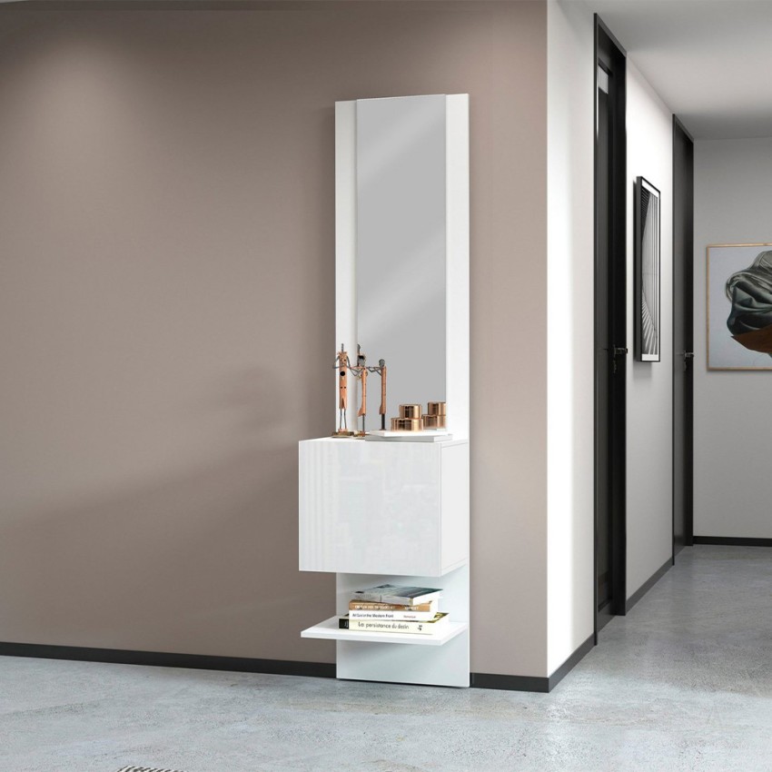 Meuble à chaussures mural entrée blanc brillant étagère 1 porte miroir Karin Promotion Meuble à chaussures mural entrée blanc brillant étagère 1 porte miroir Karin Promotion