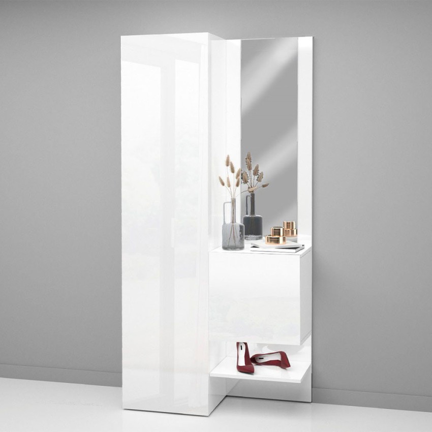 Armoire à chaussures Bright 4 portes Abattantes + 1 porte miroir Structure  chêne Blanc brillant