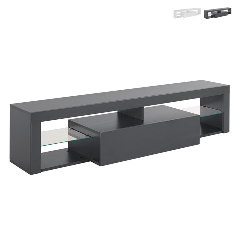 Meuble TV moderne avec porte abattante, étagères en verre 160 cm Helix Promotion