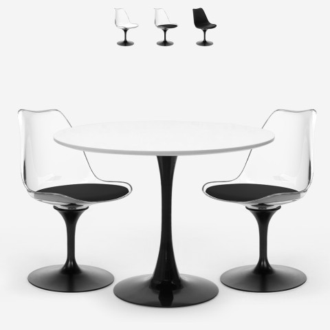 Table Goblet ronde 80cm + 2 chaises polycarbonate blanc noir Crayon  Promotion