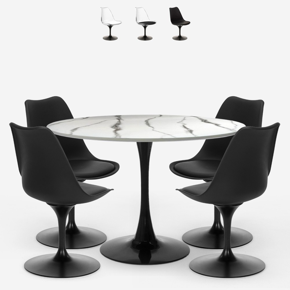 Table ronde 120cm effet marbre + 4 chaises Tulipan blanc noir Lapis+