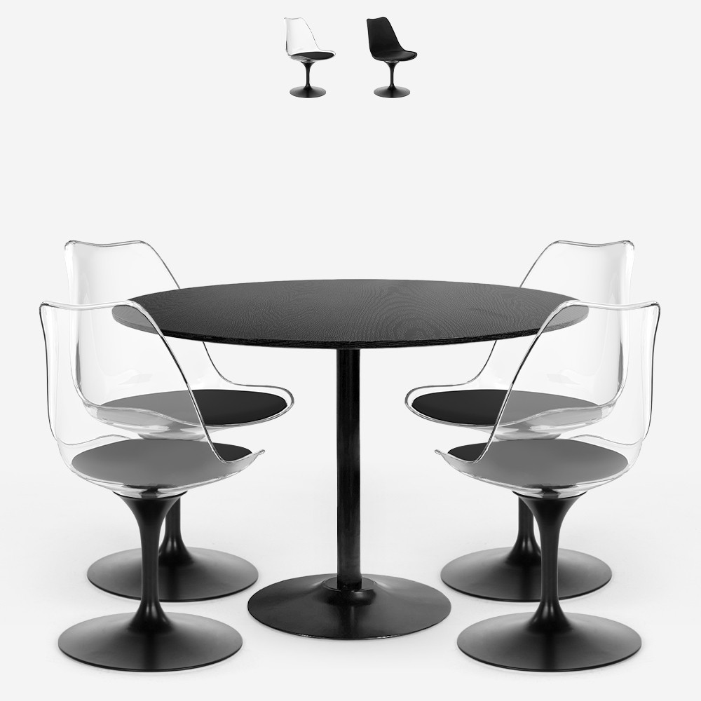 Table ronde Tulipan 120cm et 4 chaises en polycarbonate noir Haki+