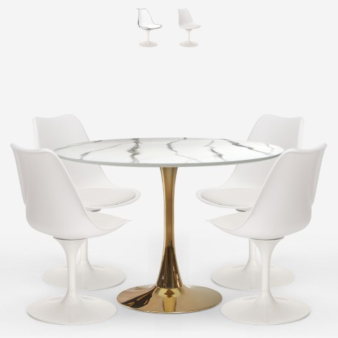 Table effet marbre ronde 120 cm + 4 chaises Goblet blanches Saidu+  Promotion