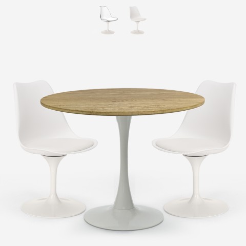 Table blanche bois ronde 80cm + 2 chaises cuisine Meis  Promotion