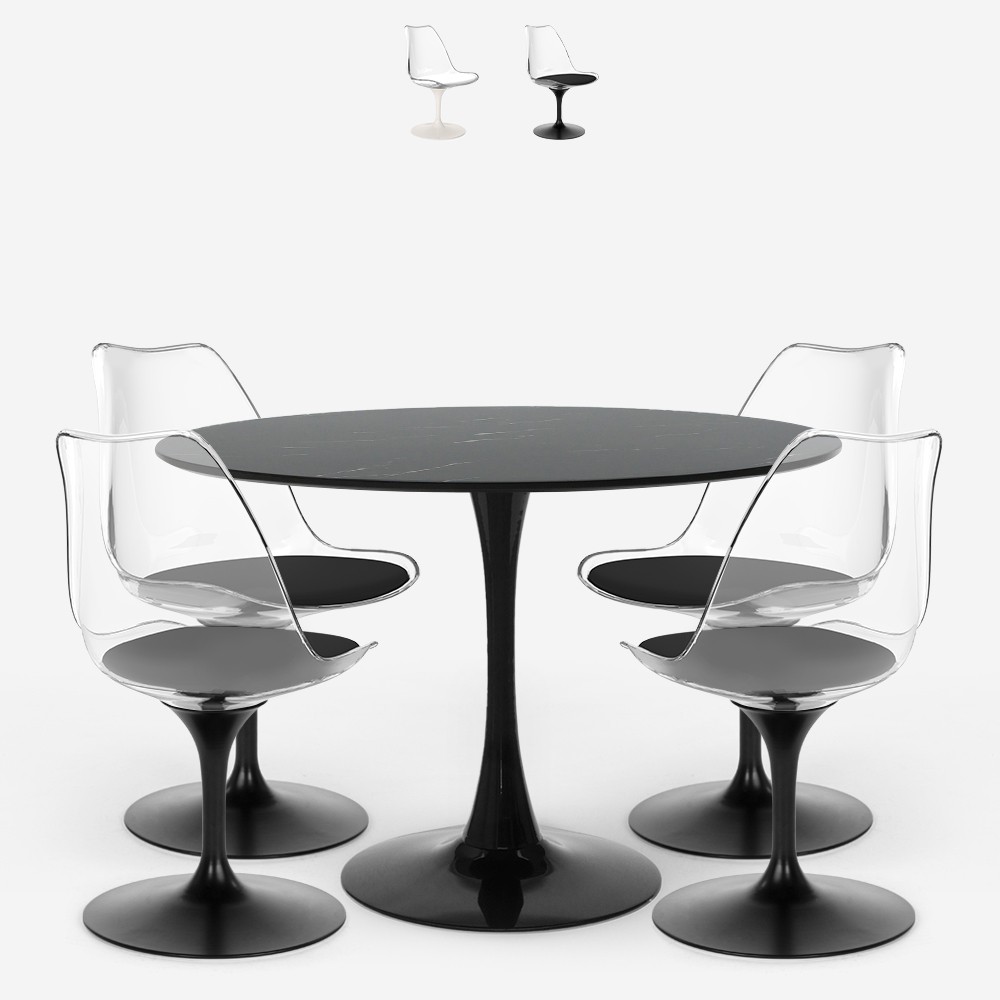 Table ronde 120cm + 4 chaises Tulipe  blanc noir effet marbre Liwat+