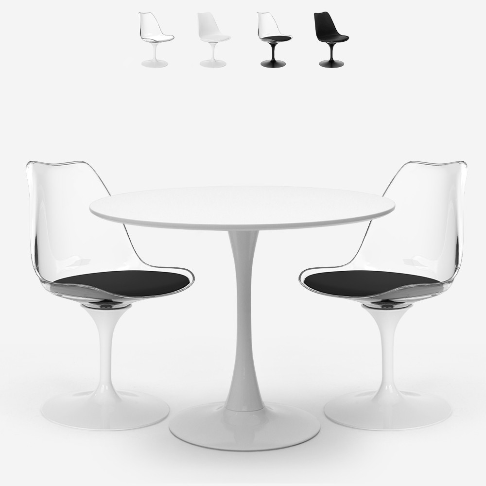 Seriq Table de salon cuisine ronde 70cm + 2 chaises Tulipan blanc noir