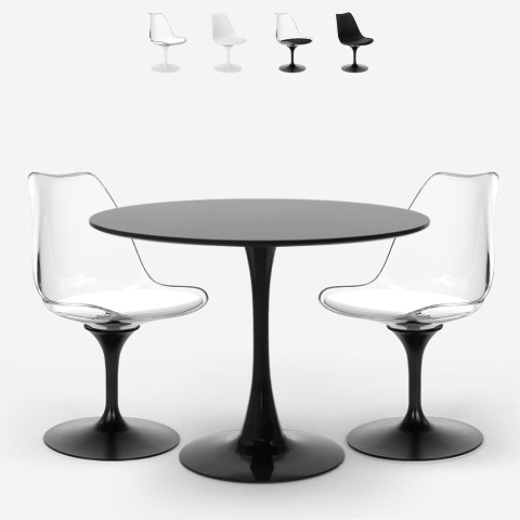 Table ronde Goblet 80cm + 2 chaises en polycarbonate blanc et noir Raxos  Promotion