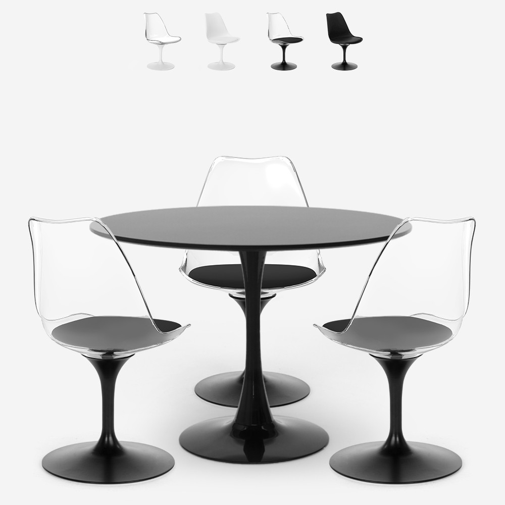 Table Tulipan ronde 90cm + 3 chaises transparentes blanc noir Wasen