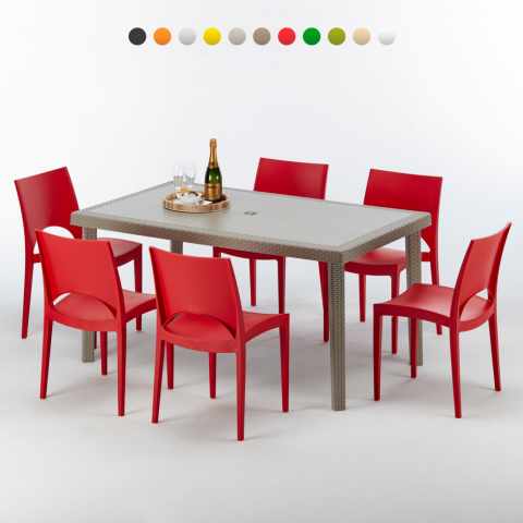 Table rectangulaire et 6 chaises Poly rotin resine ensemble bar cafè exterieur 150x90 Beige Marion Promotion
