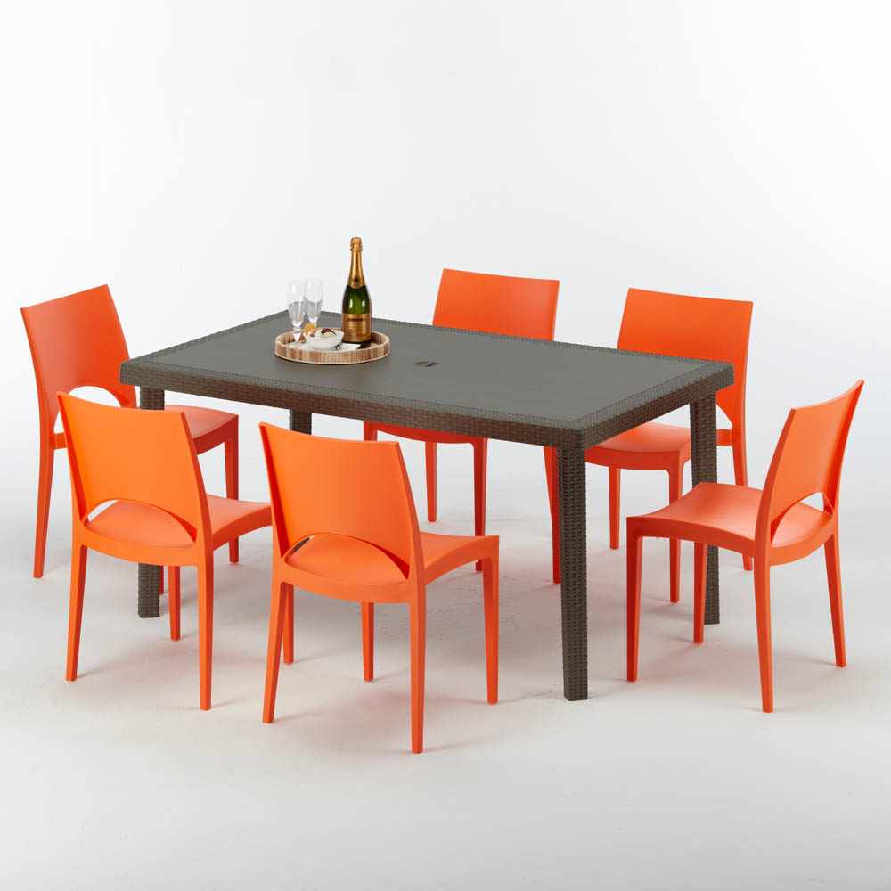 Table rectangulaire 6 officiel chaises Poly rotin resine 150x90 marron Focus