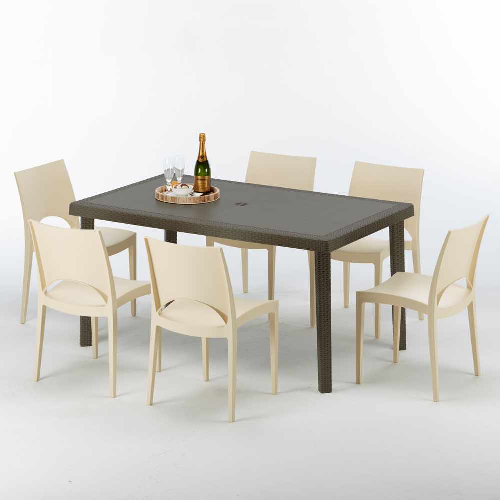 Table rectangulaire 6 chaises vente en gros Poly rotin resine 150x90 marron Focus