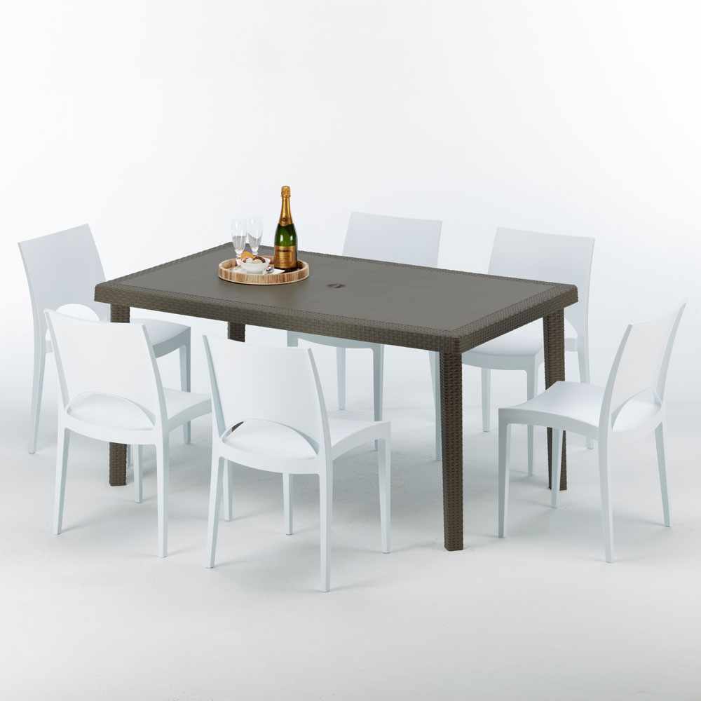Table boutiques rectangulaire 6 chaises Poly rotin resine 150x90 marron Focus