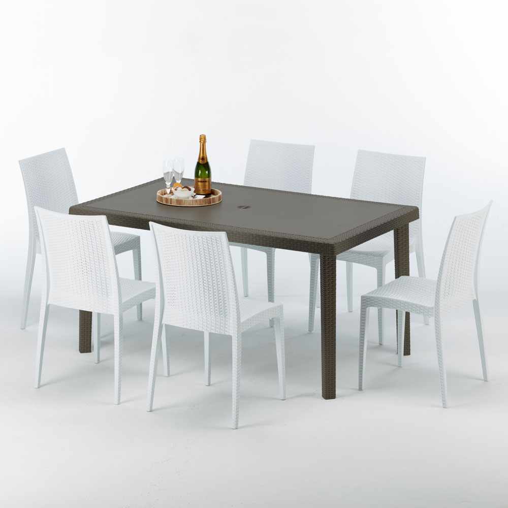 Table rectangulaire 6 chaises Poly rotin resine 150x90 marron liquidation Focus
