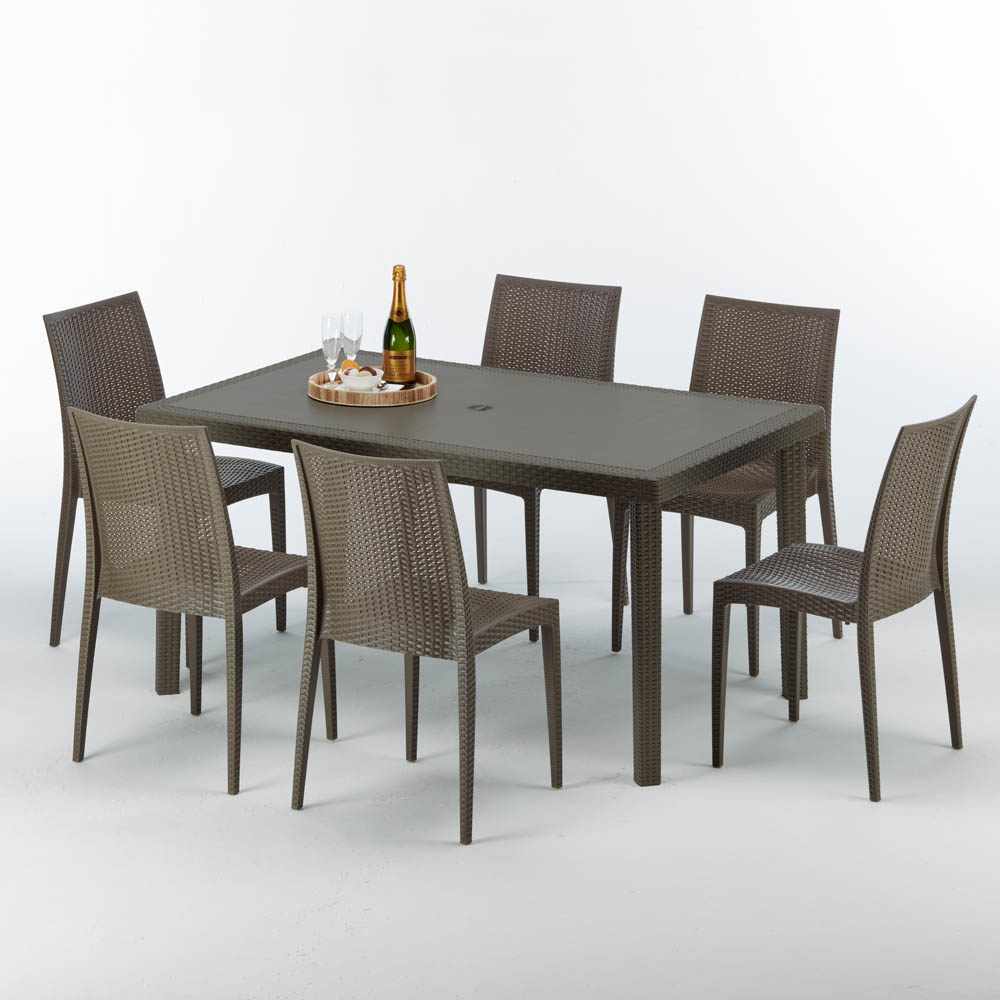 Table boutiques rectangulaire 6 chaises Poly rotin resine 150x90 marron Focus