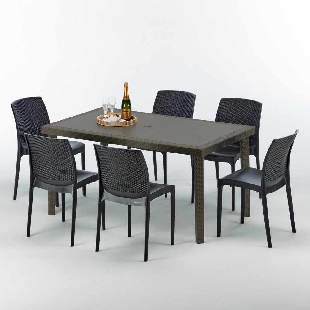 Table rectangulaire 6 chaises Poly rotin resine 150x90 marron mode Focus
