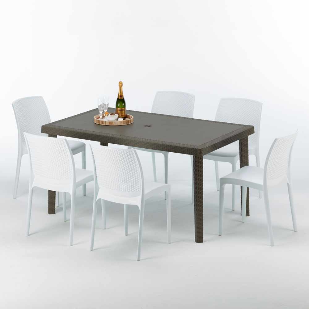 Table rectangulaire 6 chaises Poly rotin resine 150x90 points de vente marron Focus