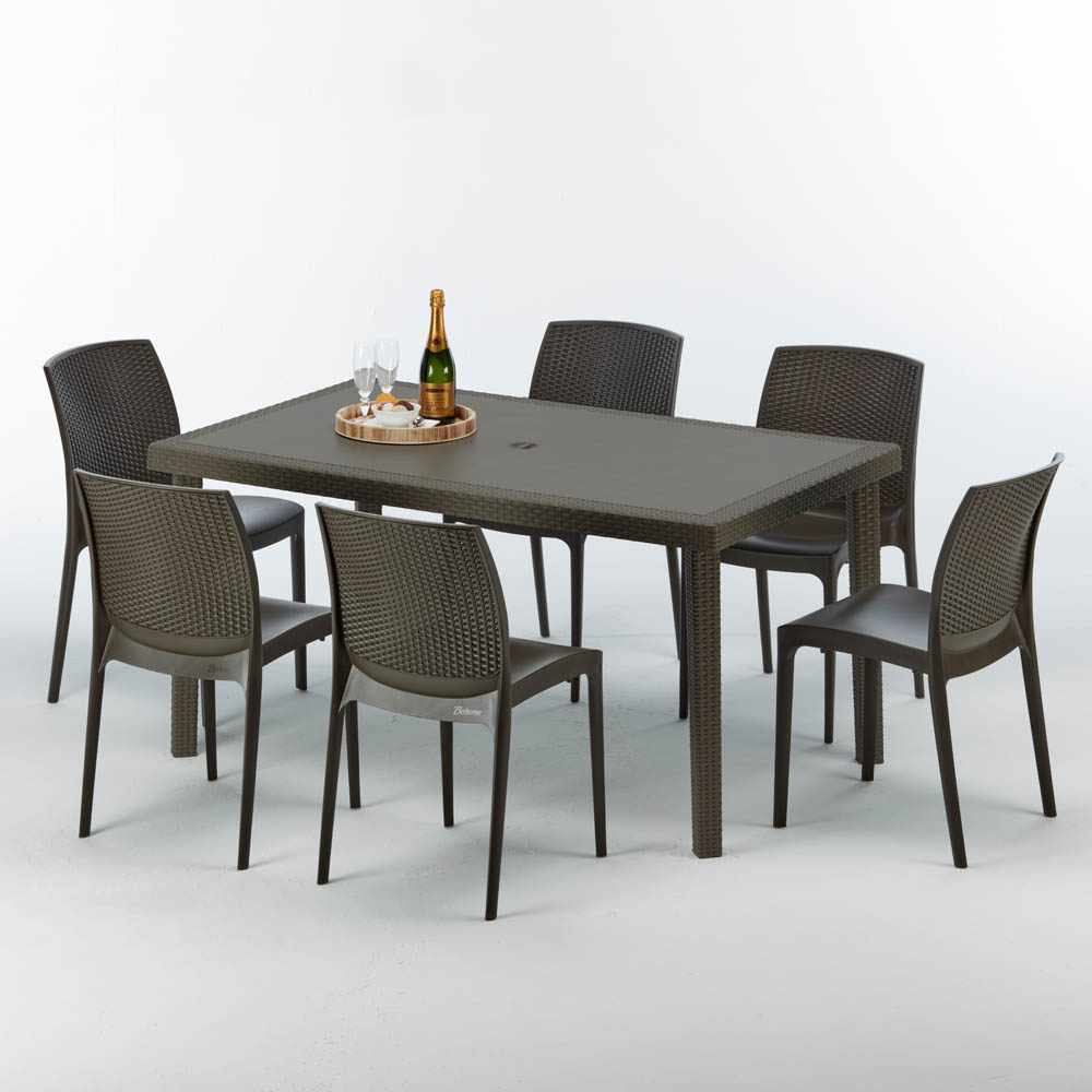 Table rectangulaire 6 chaises Poly rotin resine 150x90 marron liquidation Focus