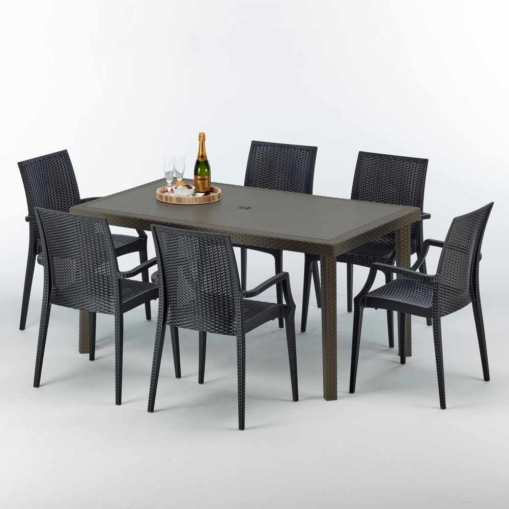 Table rectangulaire 6 chaises Poly rotin resine collection 150x90 marron Focus