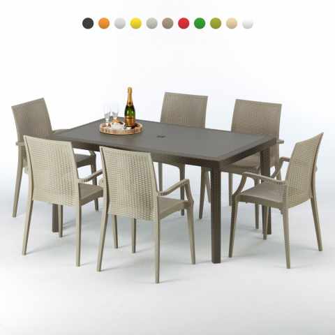 Table rectangulaire 6 chaises Poly rotin resine 150x90 marron Focus