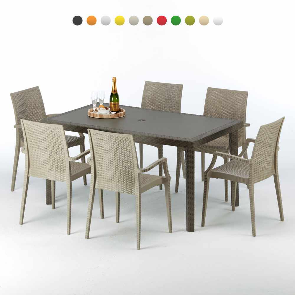 Table rectangulaire 6 chaises Poly rotin resine collection 150x90 marron Focus