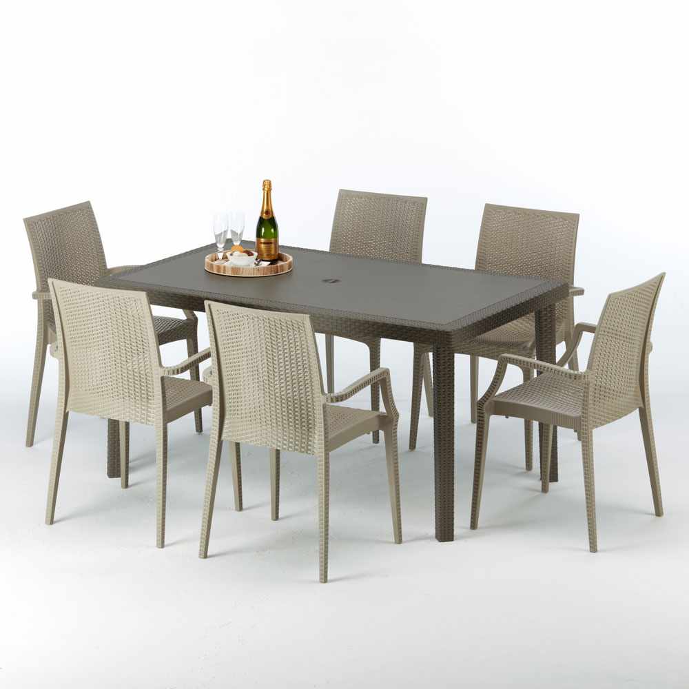 Table Rectangulaire 6 Chaises Poly Rotin Resine 150x90 Marron Focus