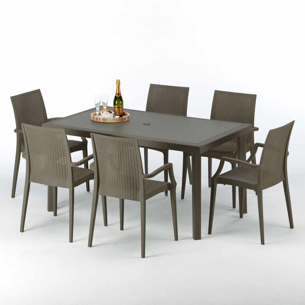Table rectangulaire 6 chaises Poly rotin resine 150x90 ventes exceptionnelles marron Focus