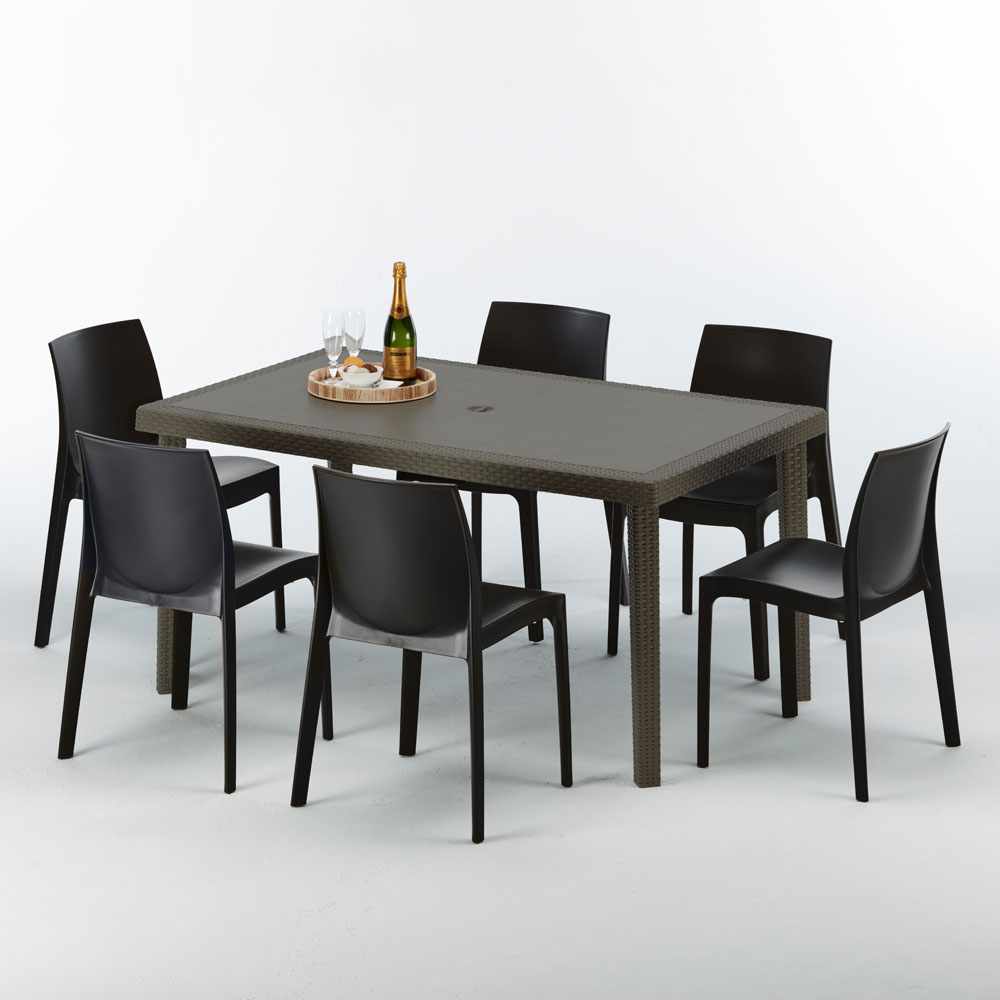 Table rectangulaire 6 chaises Poly rotin resine 150x90 marron mode Focus