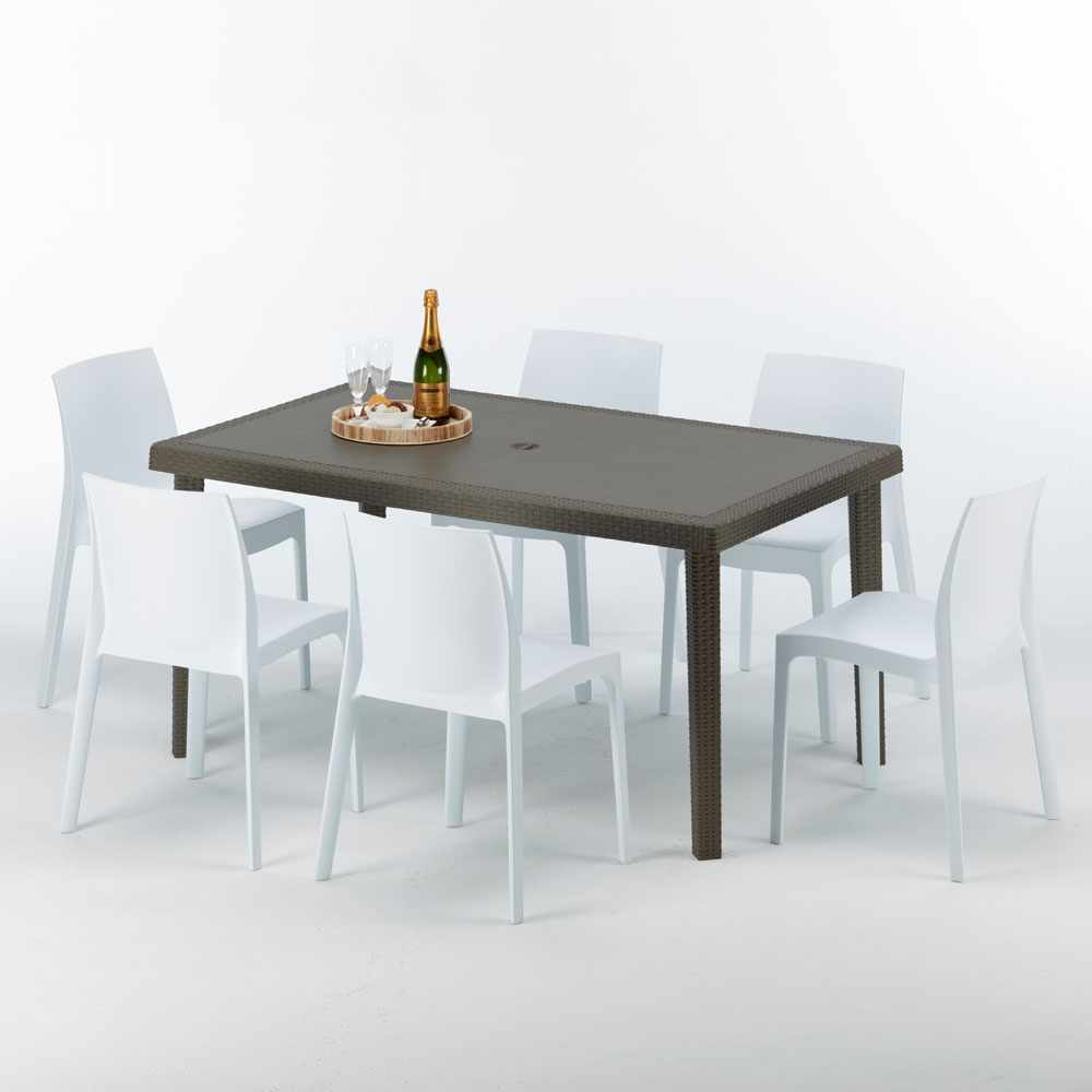 Table rectangulaire 6 chaises Poly rotin resine 150x90 marron mode Focus