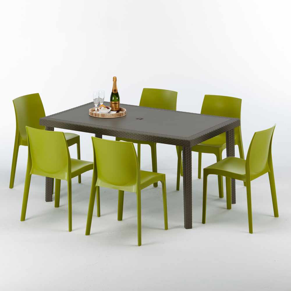 Table rectangulaire ventes exceptionnelles 6 chaises Poly rotin resine 150x90 marron Focus