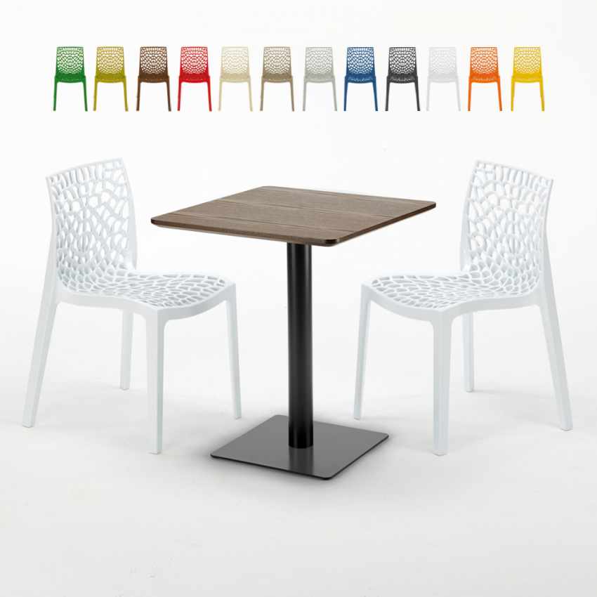 Table carrée 60x60 pied noir et surface bois avec 2 chaises colorées Gruvyer Kiss Réductions