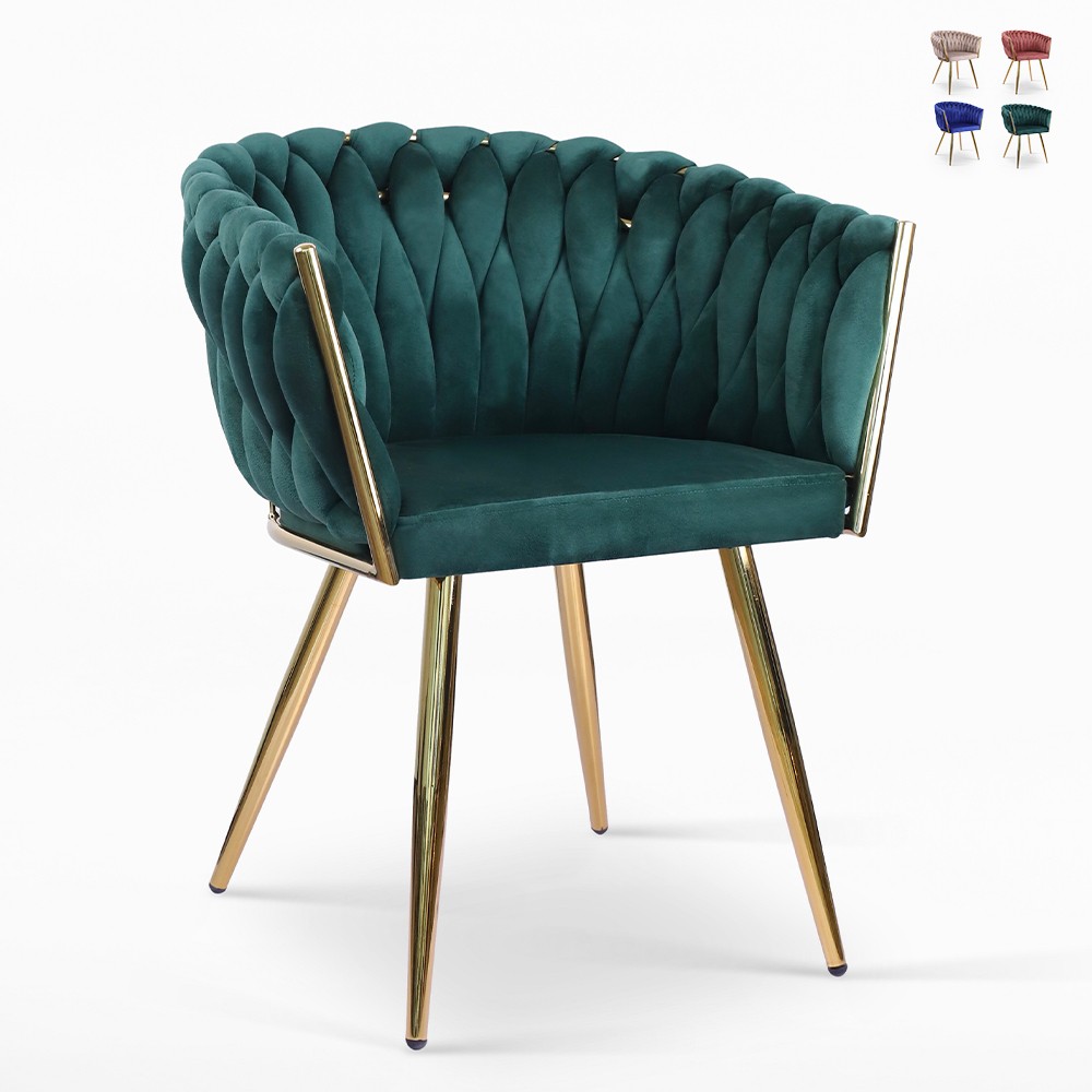 Fauteuil design en velours chaise accoudoirs pieds dorés Versailles