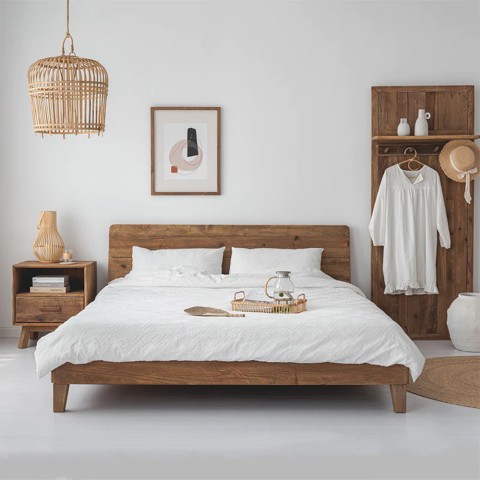 Lit double 180x200cm king size avec tête de lit en bois rustique Meryl Promotion