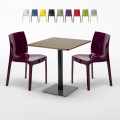 Table carrée 60x60 pied noir et plateau bois avec 2 chaises colorées Ice Kiss Promotion