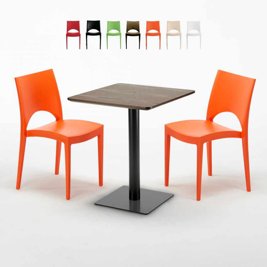Table carrée 60x60 pied noir et plateau bois avec 2 chaises colorées Paris Kiss