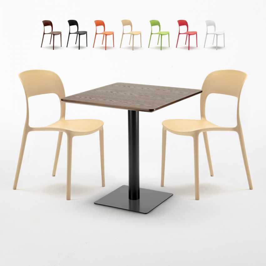 Table carrée 60x60 pied noir et plateau bois avec 2 chaises colorées Restaurant Kiss