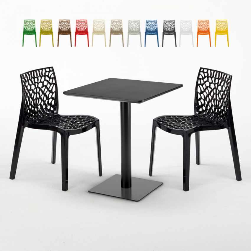Table carrée 60x60 noire avec 2 chaises colorées Gruvyer Licorice Promotion