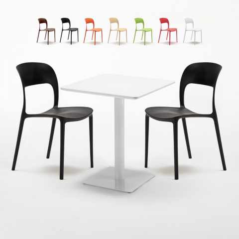 Table carrée 60x60 blanche et 2 chaises colorées Restaurant Lemon