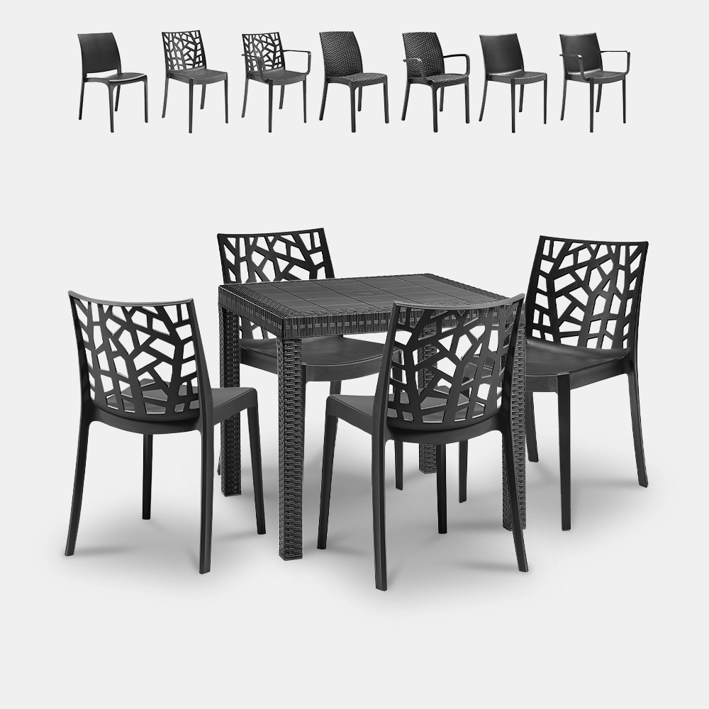 Salon de jardin table carrée 80x80cm rotin + 4 chaises noir Nisida Dark