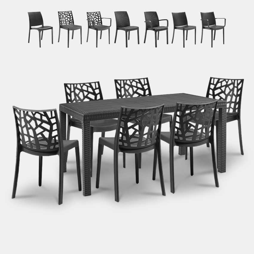 Salon de jardin table en rotin 150x90cm 6 chaises noires Meloria Dark Réductions