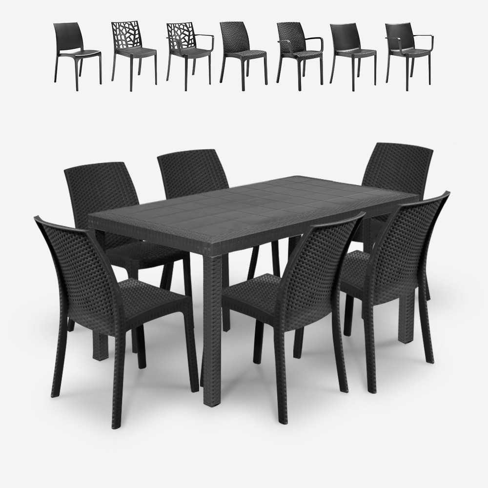 Salon de jardin table en rotin 150x90cm 6 chaises noires Meloria Dark