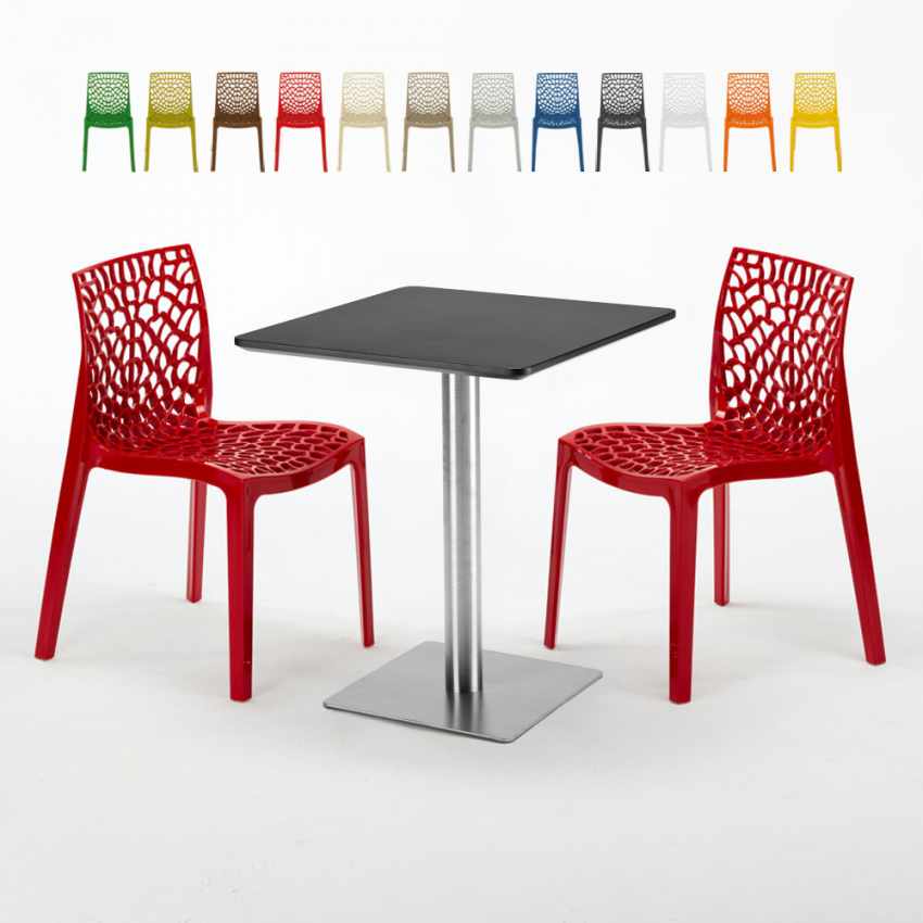 Table carrée 60x60 pied acier et plateau noir avec 2 chaises colorées Gruvyer Pistachio Dimensions Table carrée 60x60 pied acier et plateau noir avec 2 chaises colorées Gruvyer Pistachio Dimensions