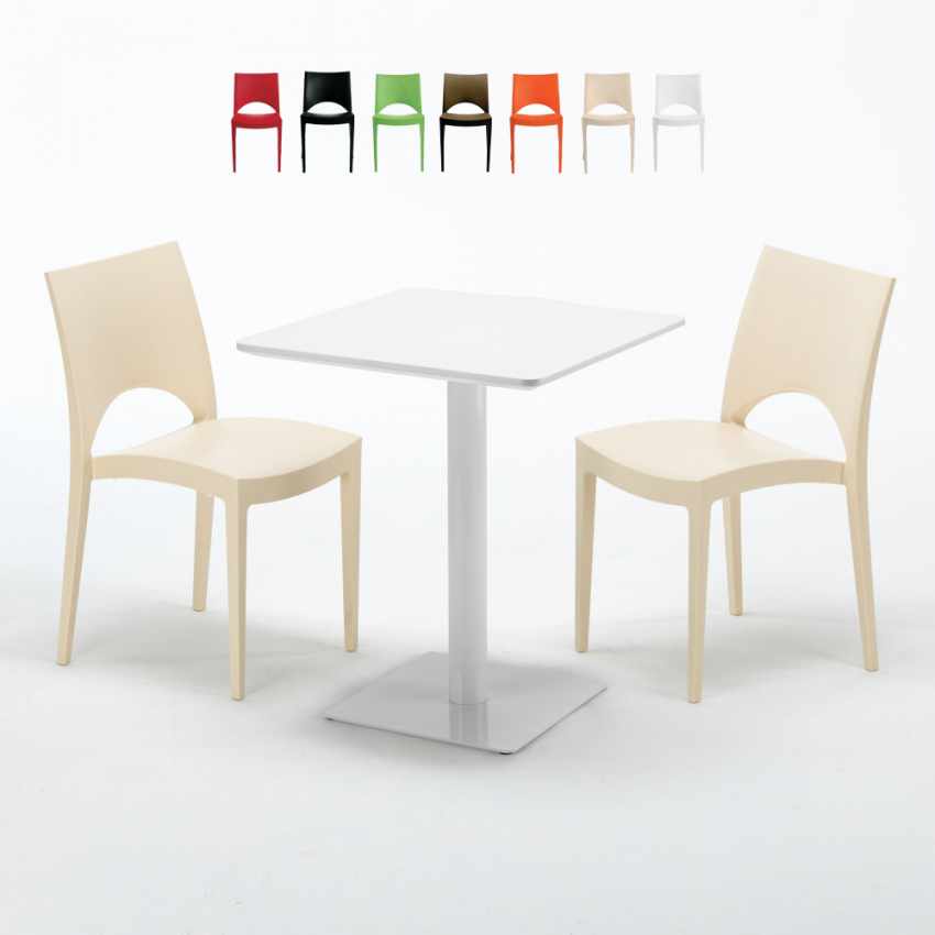 Grand Soleil Table carrée 60x60 blanche avec 2 chaises colorées paris lemon