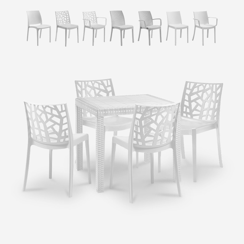 Salon de jardin table 80x80cm rotin + 4 chaises blanches Nisida Light Réductions