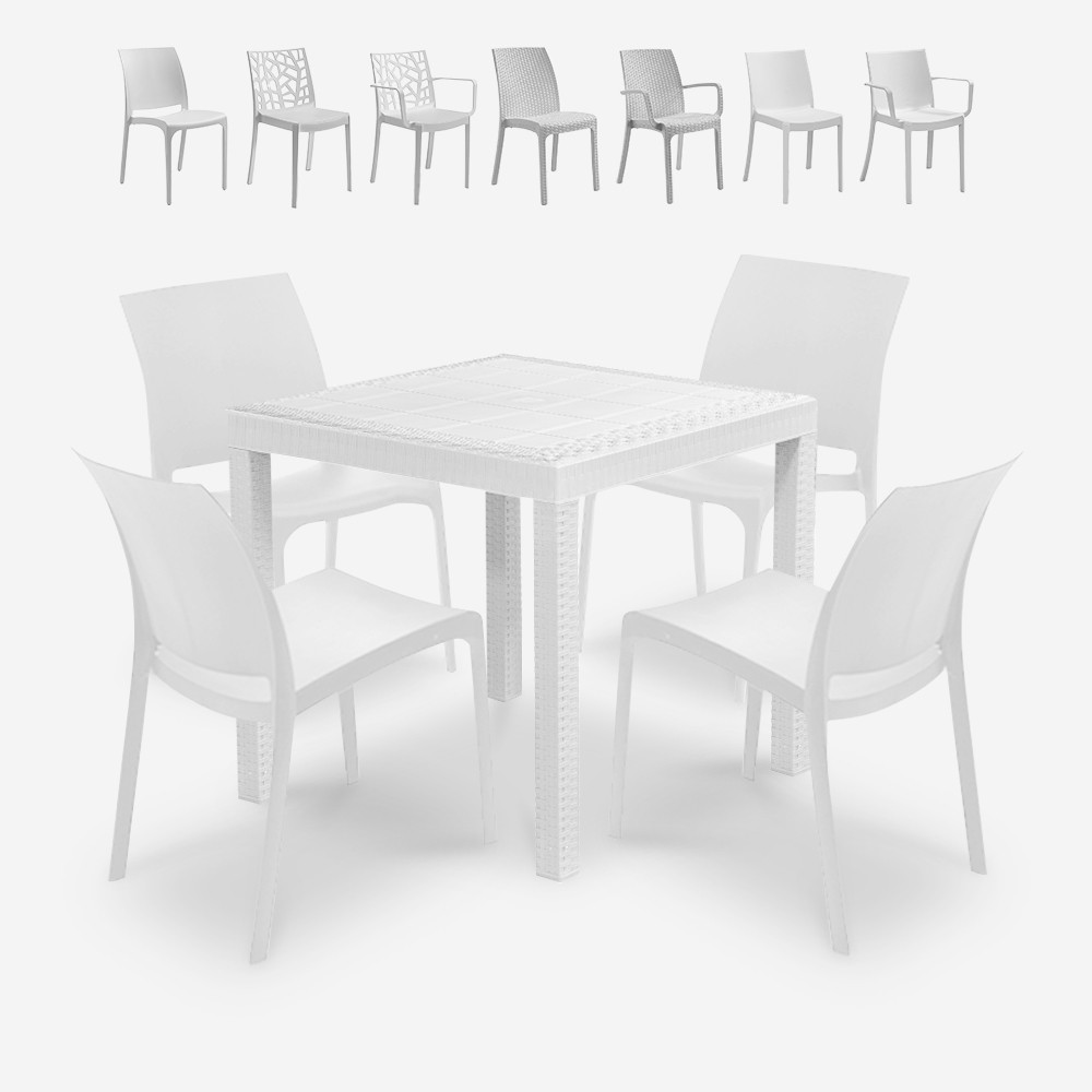 Salon de jardin table 80x80cm rotin + 4 chaises blanches Nisida Light