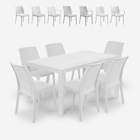 Salon de jardin table rotin 150x90cm 6 chaises blanches Meloria Light Promotion