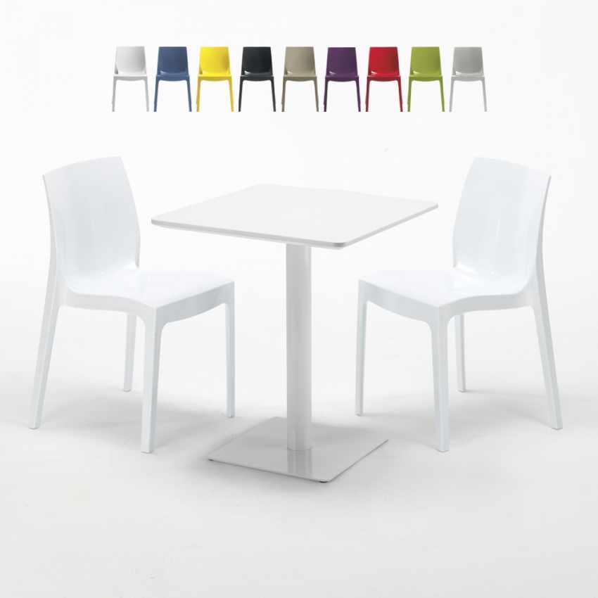 Table carrée 60x60 blanche avec 2 chaises colorées Ice Lemon Offre